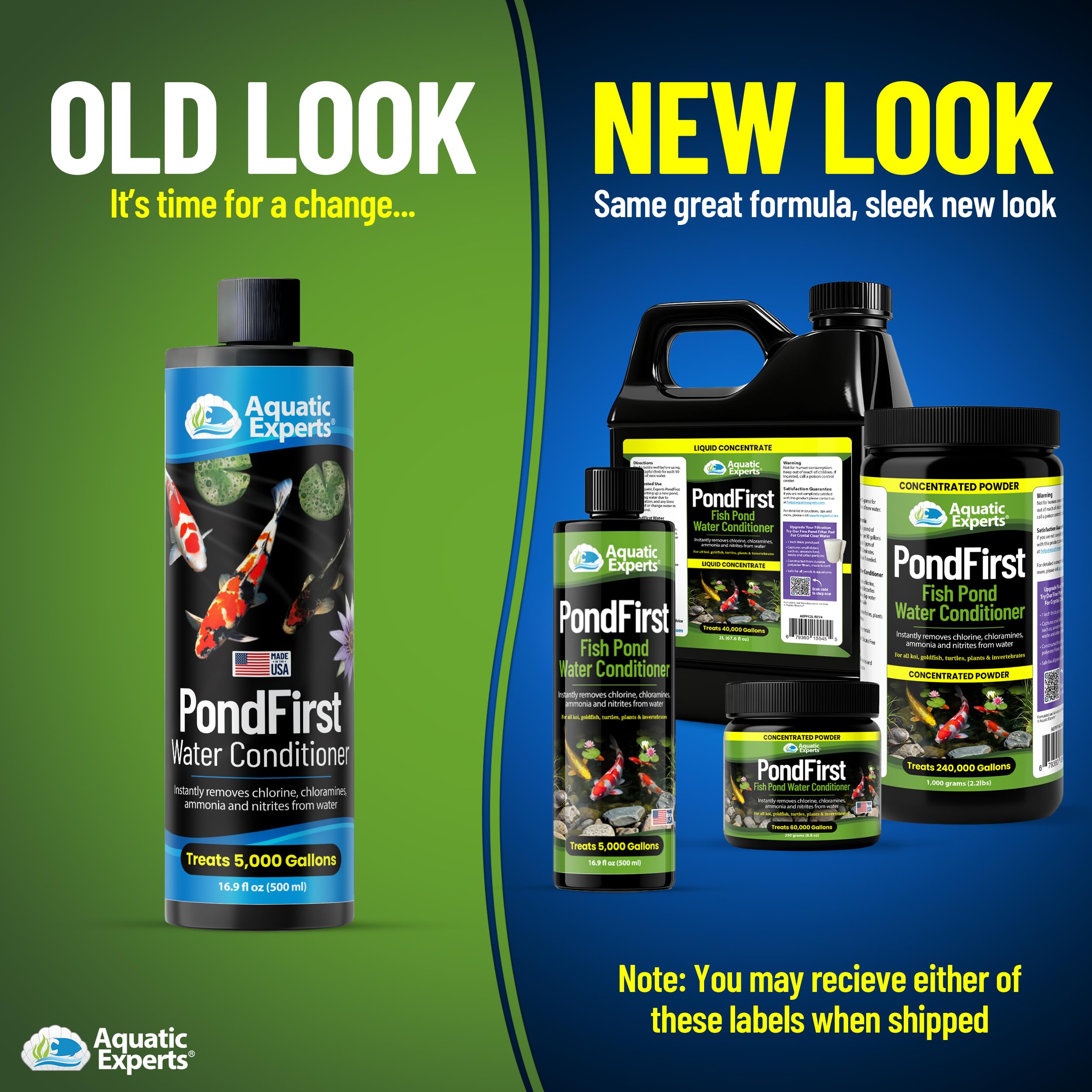 Aquatic Experts PondFirst label close-up highlights chlorine removal and ammonia detox features.