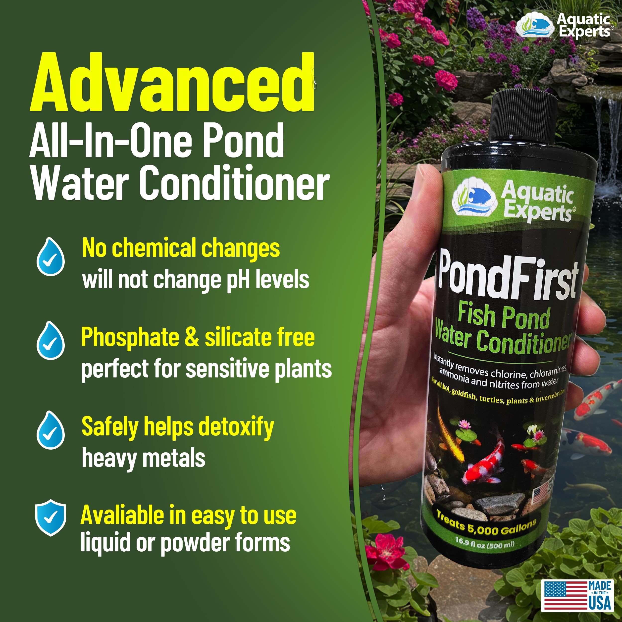 Aquatic Experts PondFirst measuring spoon demonstrates precise dosing for 50-gallon increments.