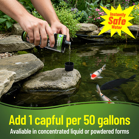 Aquatic Experts PondFirst dosing guide demonstrates easy use during pond maintenance.