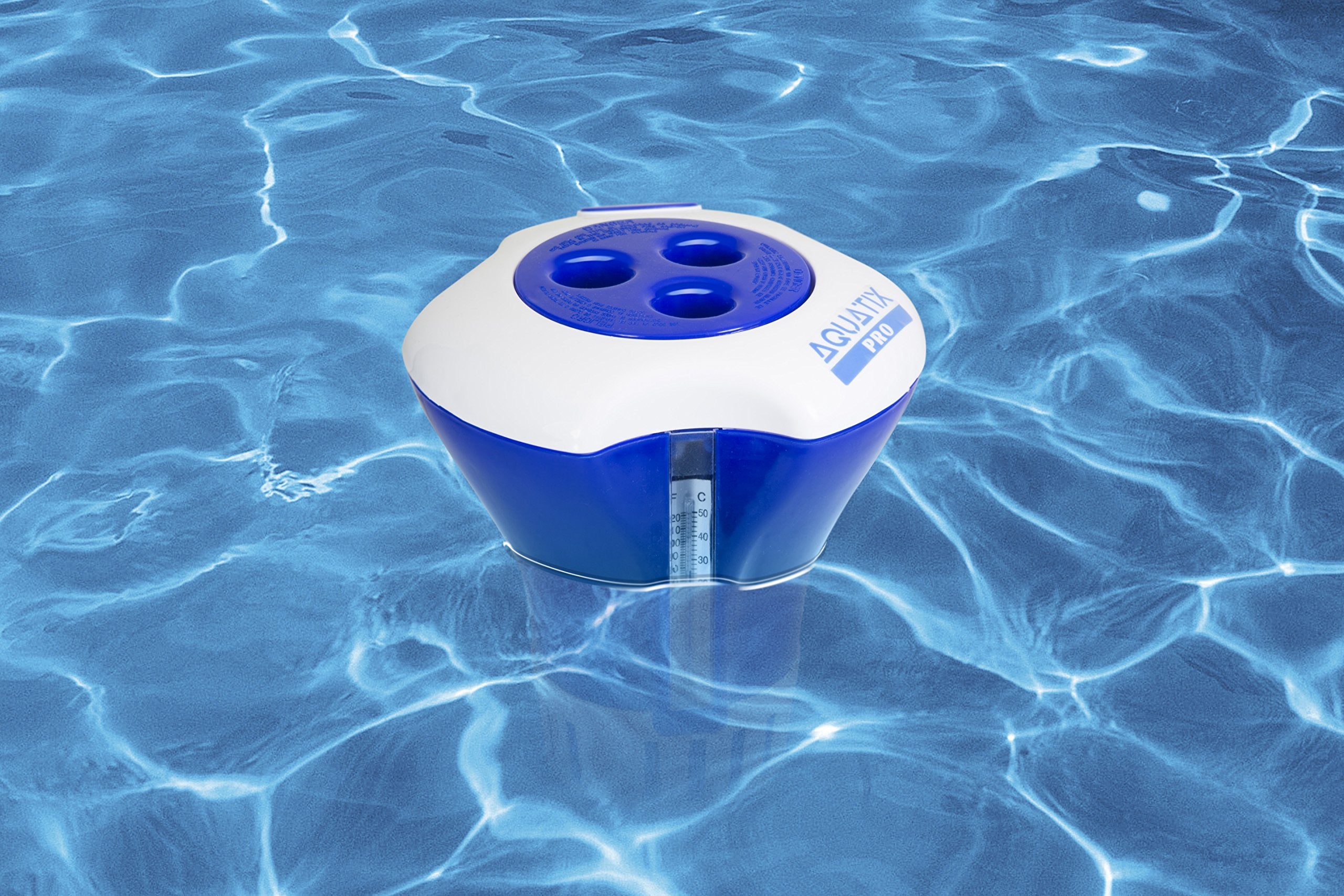 Aquatix Pro large floating chlorine dispenser diffuses tablets evenly across water.