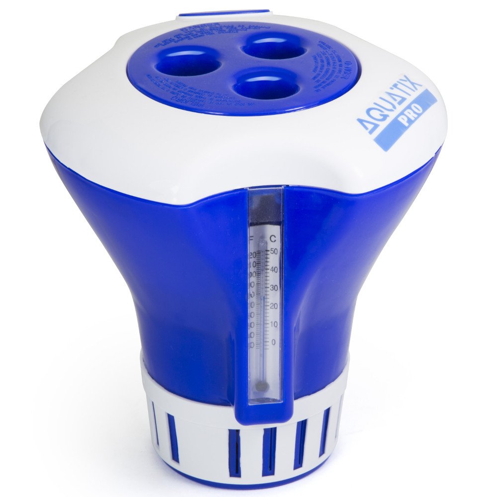 Aquatix Pro pool chlorine floater with thermometer for accurate temperature monitoring.
