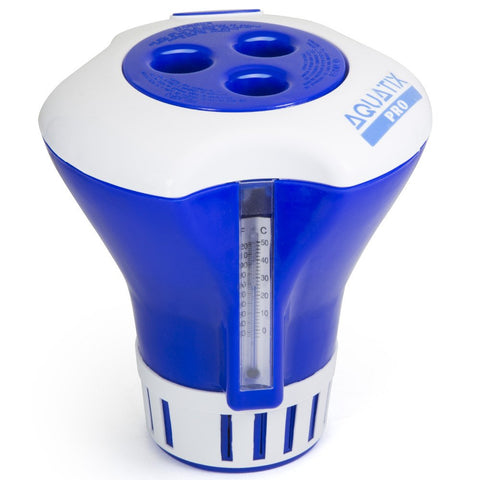 Aquatix Pro pool chlorine floater with thermometer for accurate temperature monitoring.