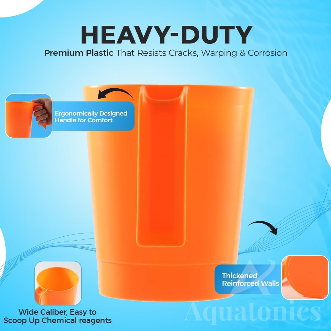 Aquatonics DE scoop durable plastic emphasizes long lasting pool tool.