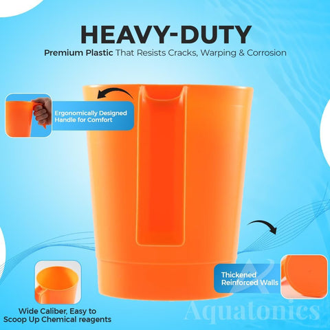 Aquatonics DE scoop durable plastic emphasizes long lasting pool tool.