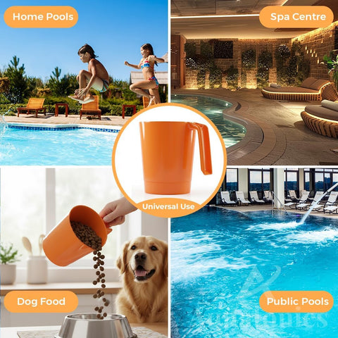 Aquatonics DE scoop in-use by poolside for quick chemical dosing.