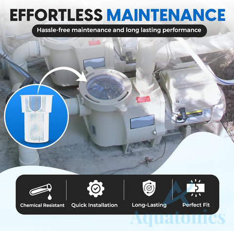 Aquatonics heavy-duty pump basket 355667, durability-oriented image, withstands tough pool conditions.