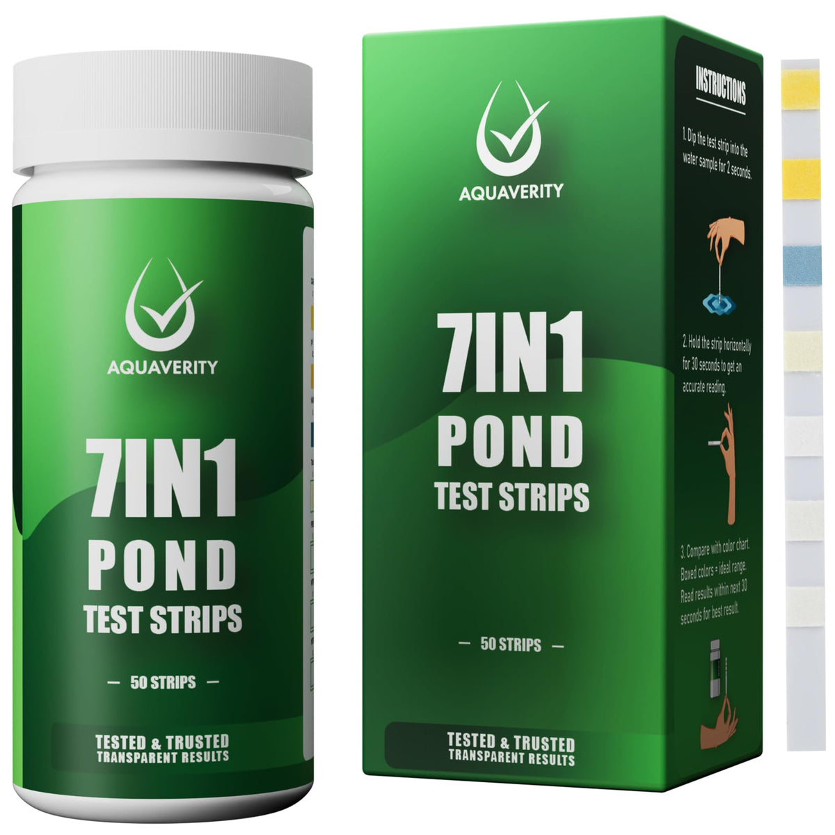 AQUAVERITY 7-in-1 pond test strip bottle enables quick, reliable water checks for koi ponds.