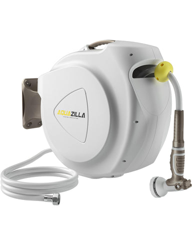 AQUAZILLA retractable hose reel mounted on a wall for easy watering