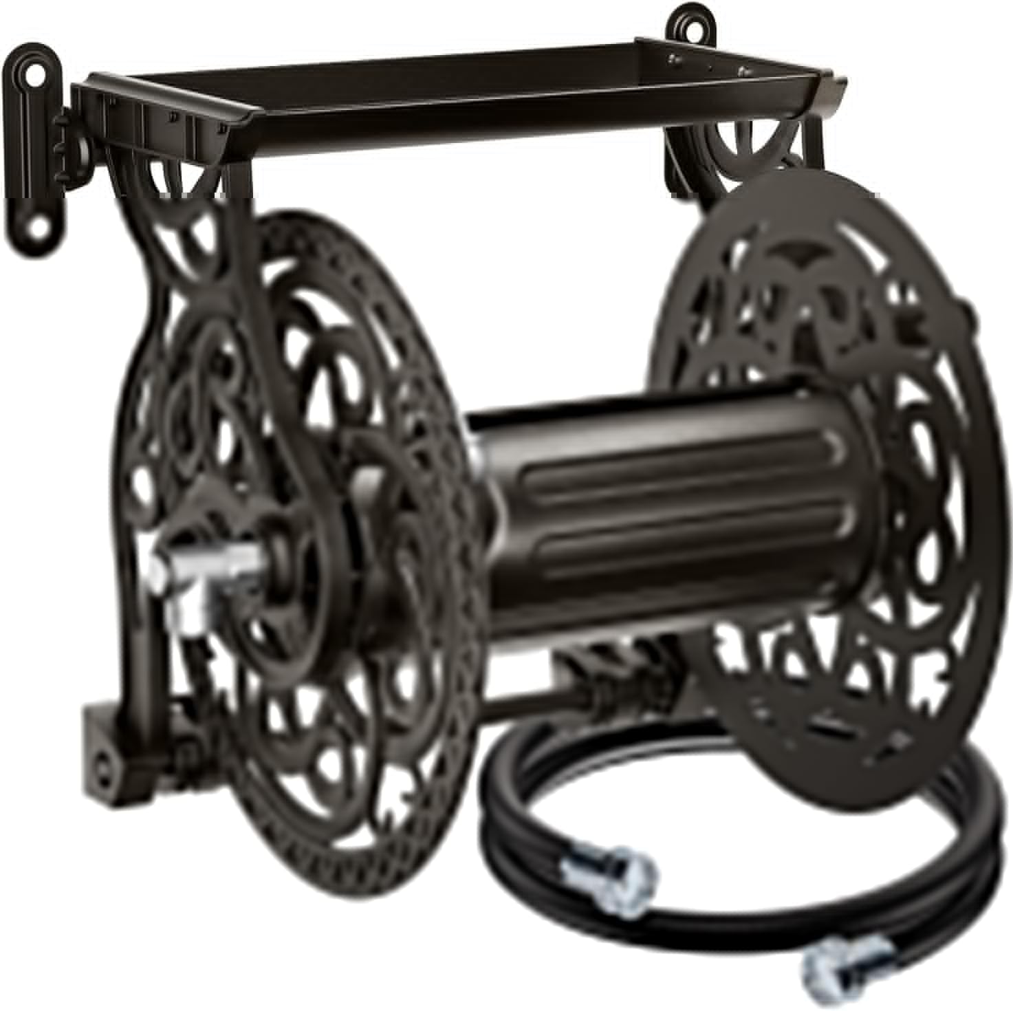 AQUAZILLA wall-mount garden hose reel in dark bronze with 135 ft capacity for large yards.