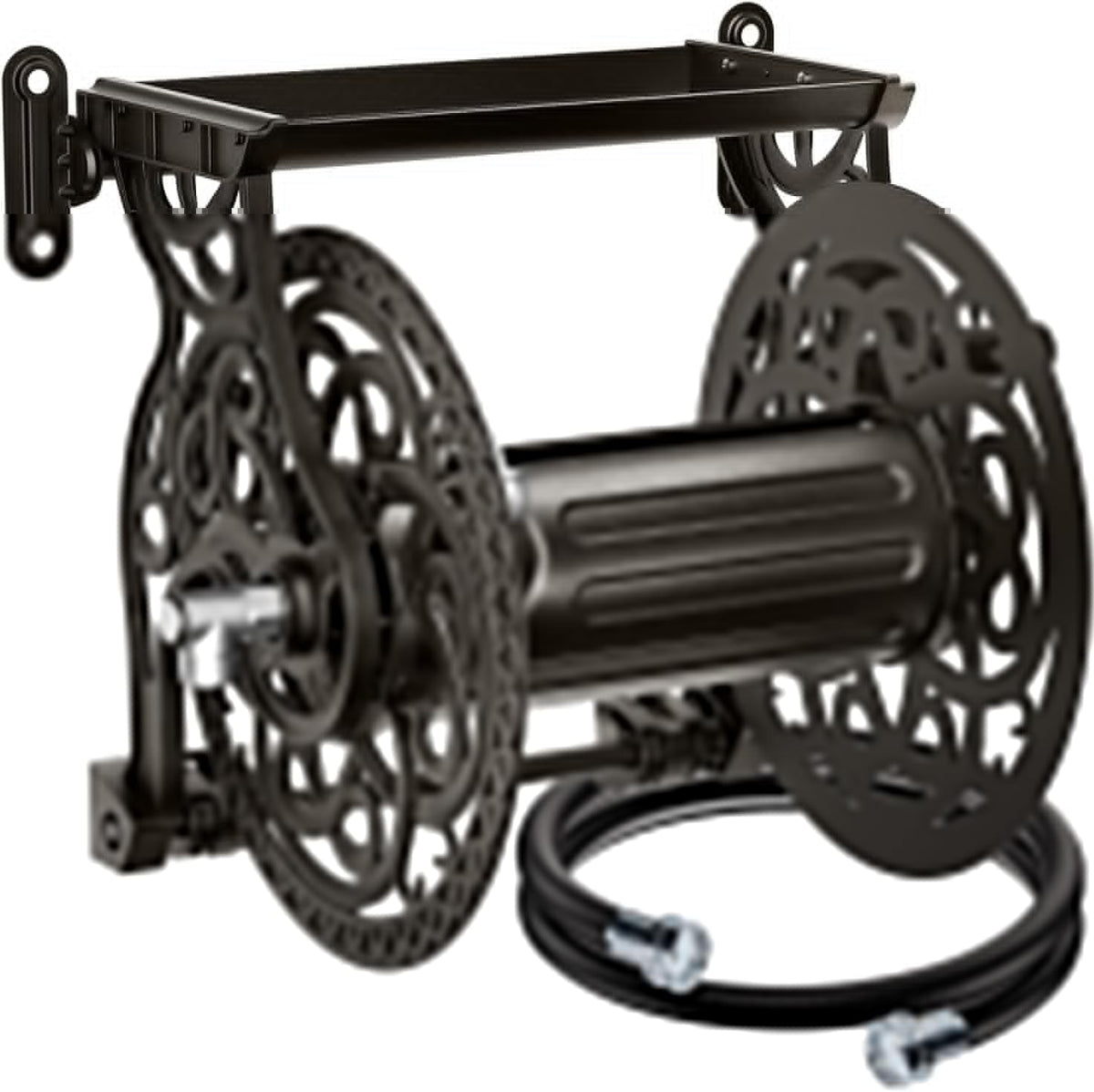 AQUAZILLA wall-mount garden hose reel in dark bronze with 135 ft capacity for large yards.