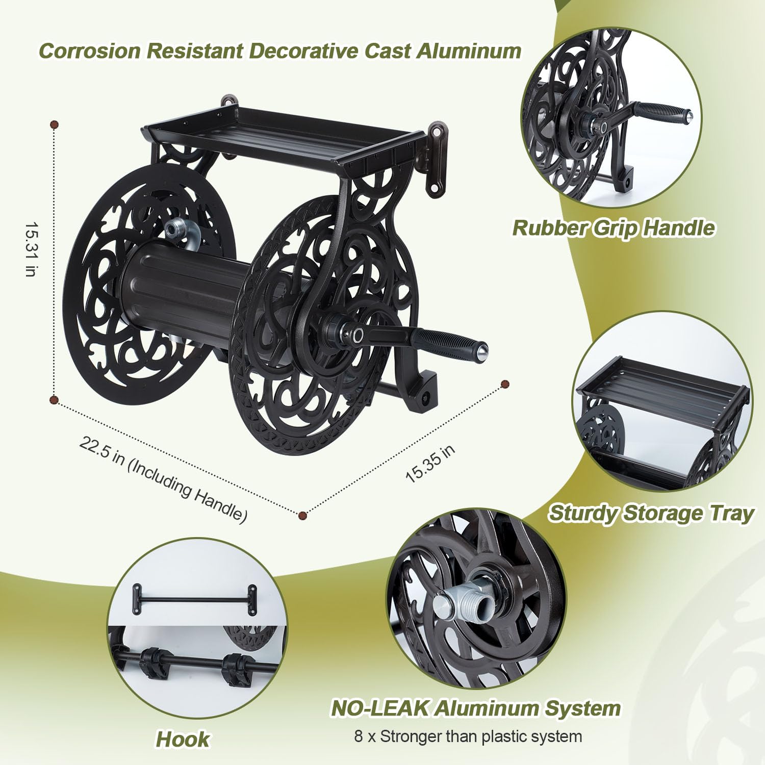 Holds up to 135 ft of 5/8 in hose for larger yard setups.