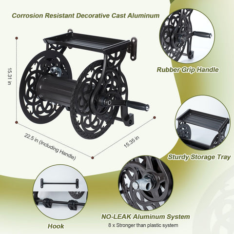 Holds up to 135 ft of 5/8 in hose for larger yard setups.