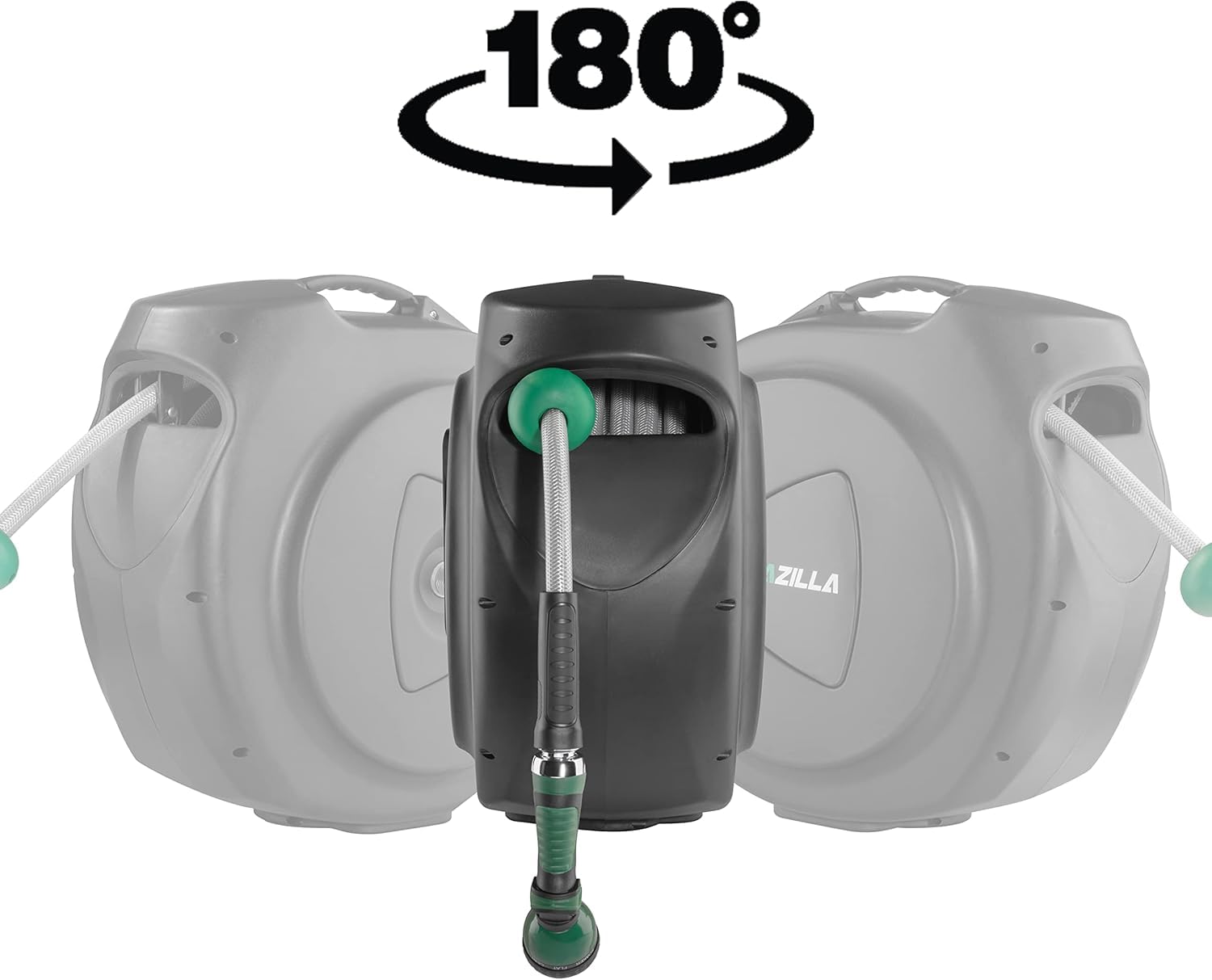 AQUAZILLA hose reel with 180-degree bracket enables full coverage around shrubs and walls.