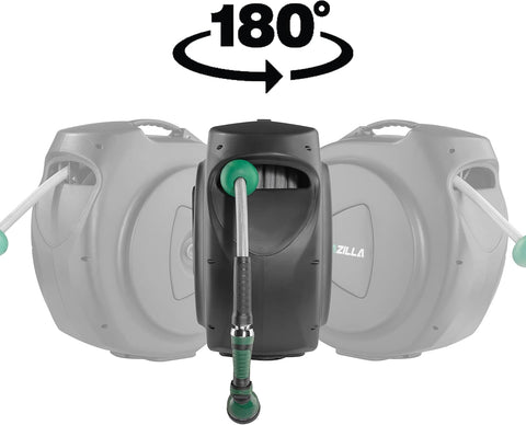AQUAZILLA hose reel with 180-degree bracket enables full coverage around shrubs and walls.