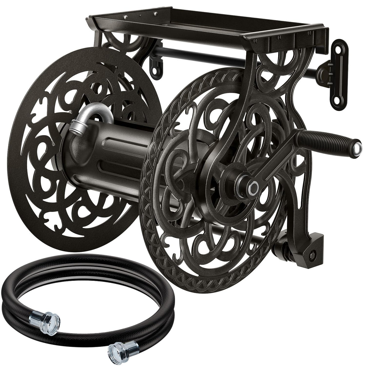AQUAZILLA hose reel wall mount in dark bronze finish saves space and organizes hoses.