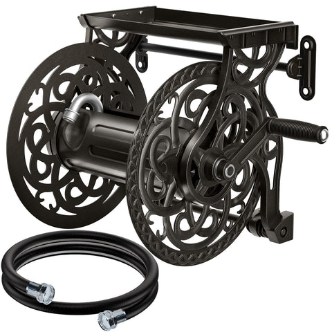 AQUAZILLA hose reel wall mount in dark bronze finish saves space and organizes hoses.