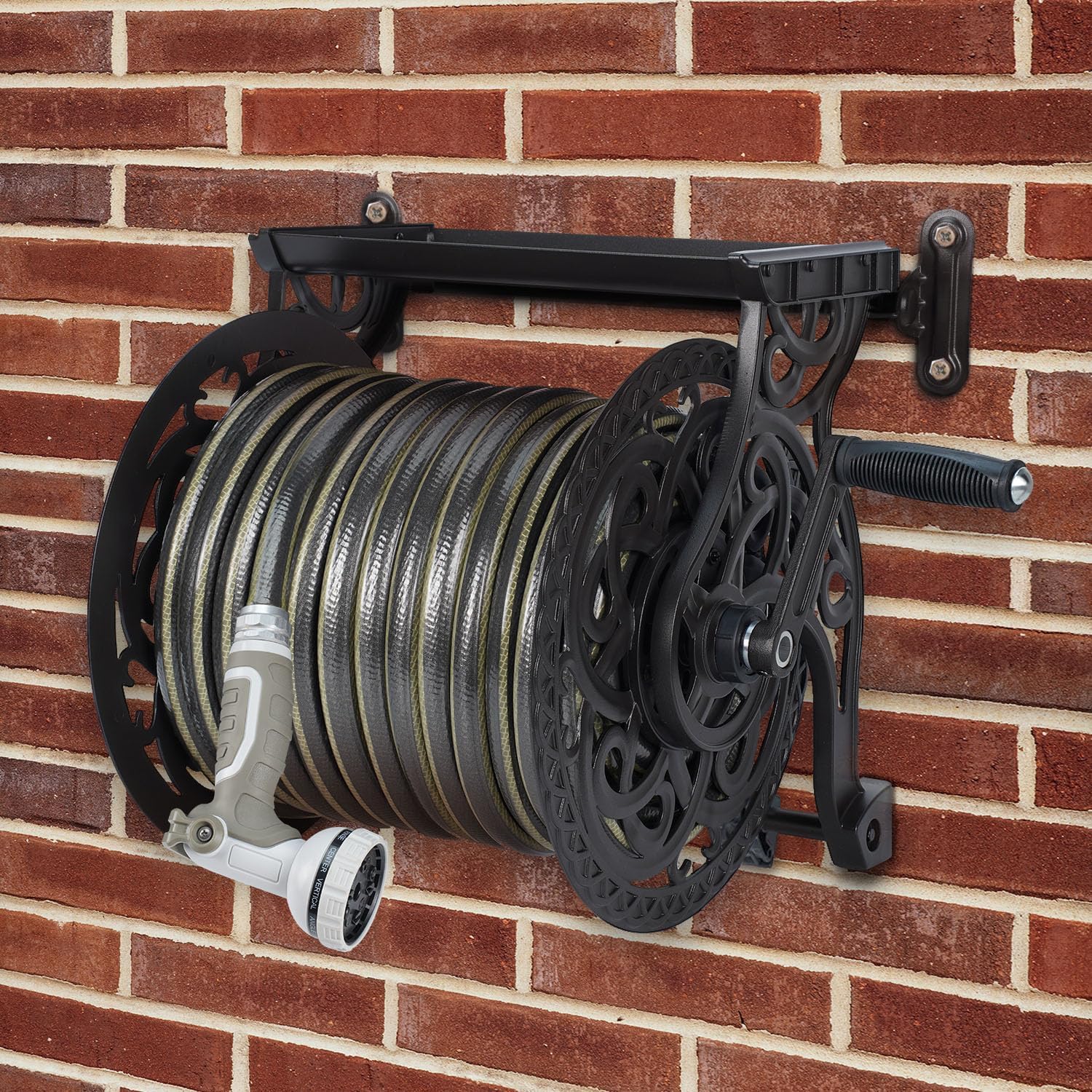 AQUAZILLA hose reel with integrated storage tray keeps nozzles and tools organized outdoors.