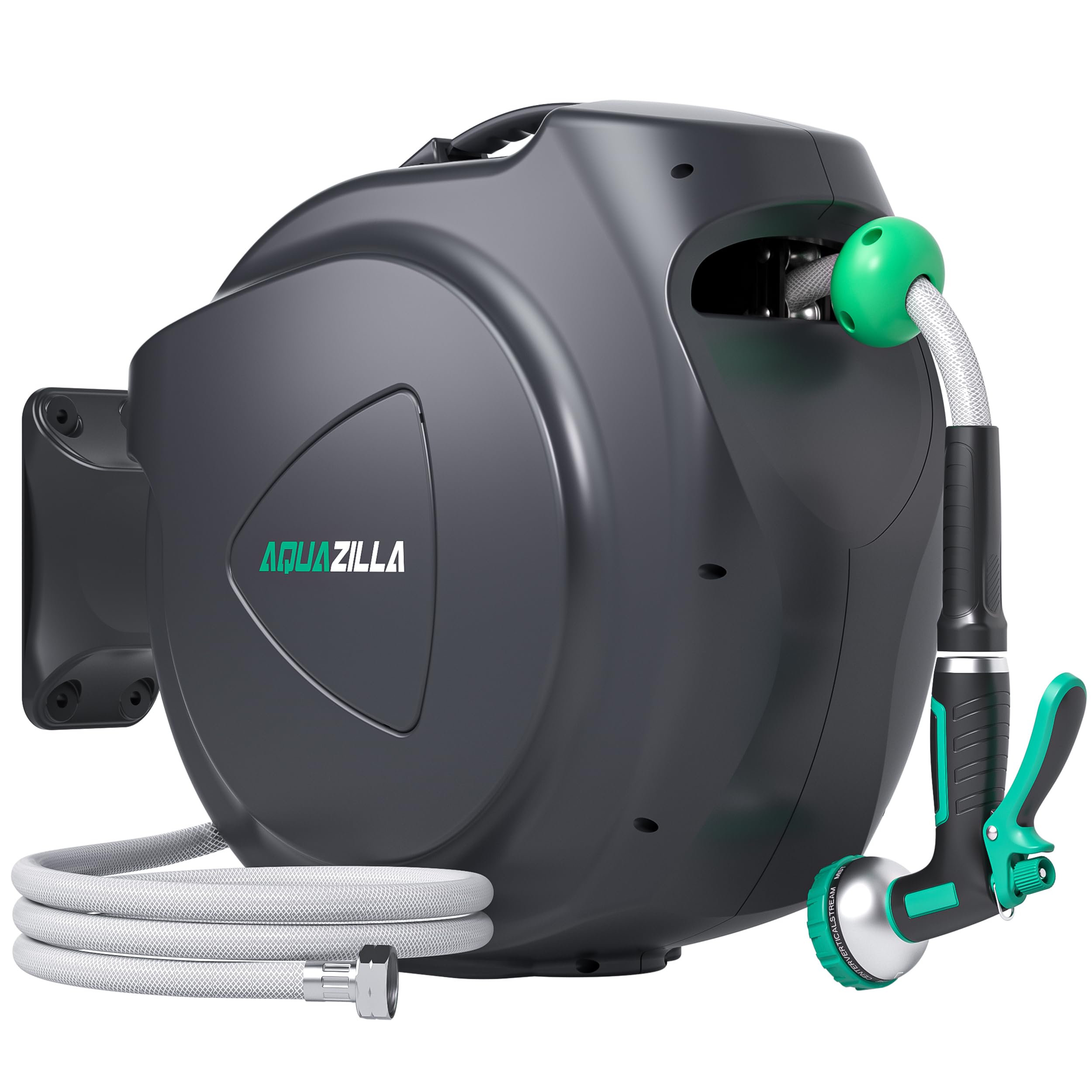 AQUAZILLA retractable hose reel with 100ft hose for easy storage and broad reach.