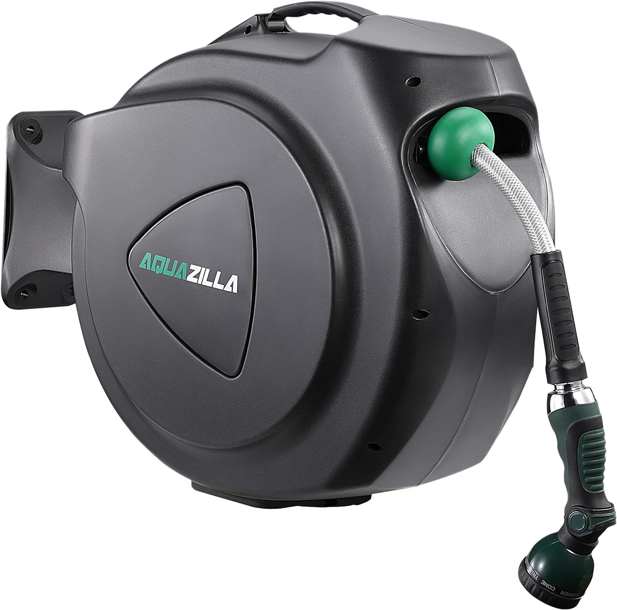 AQUAZILLA retractable hose reel extended to 100ft for easy reach in large gardens.
