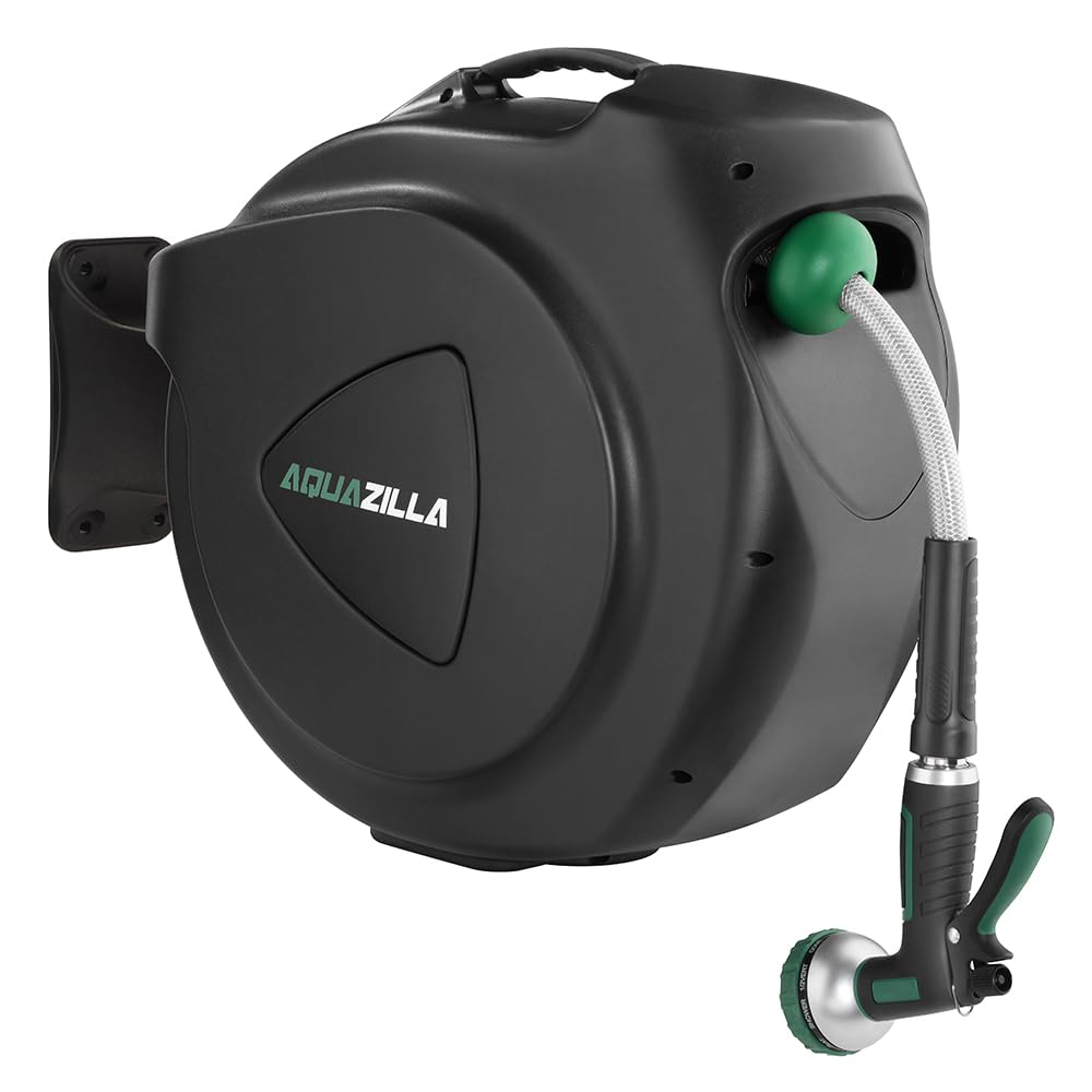AQUAZILLA retractable hose reel 120 ft with smooth rewinding in a bright garden.