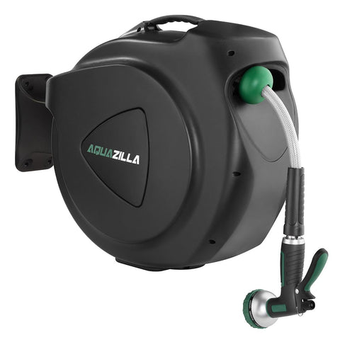 AQUAZILLA retractable hose reel 120 ft with smooth rewinding in a bright garden.