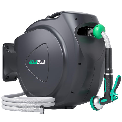 AQUAZILLA retractable hose reel mounted on wall for tidy outdoor space.
