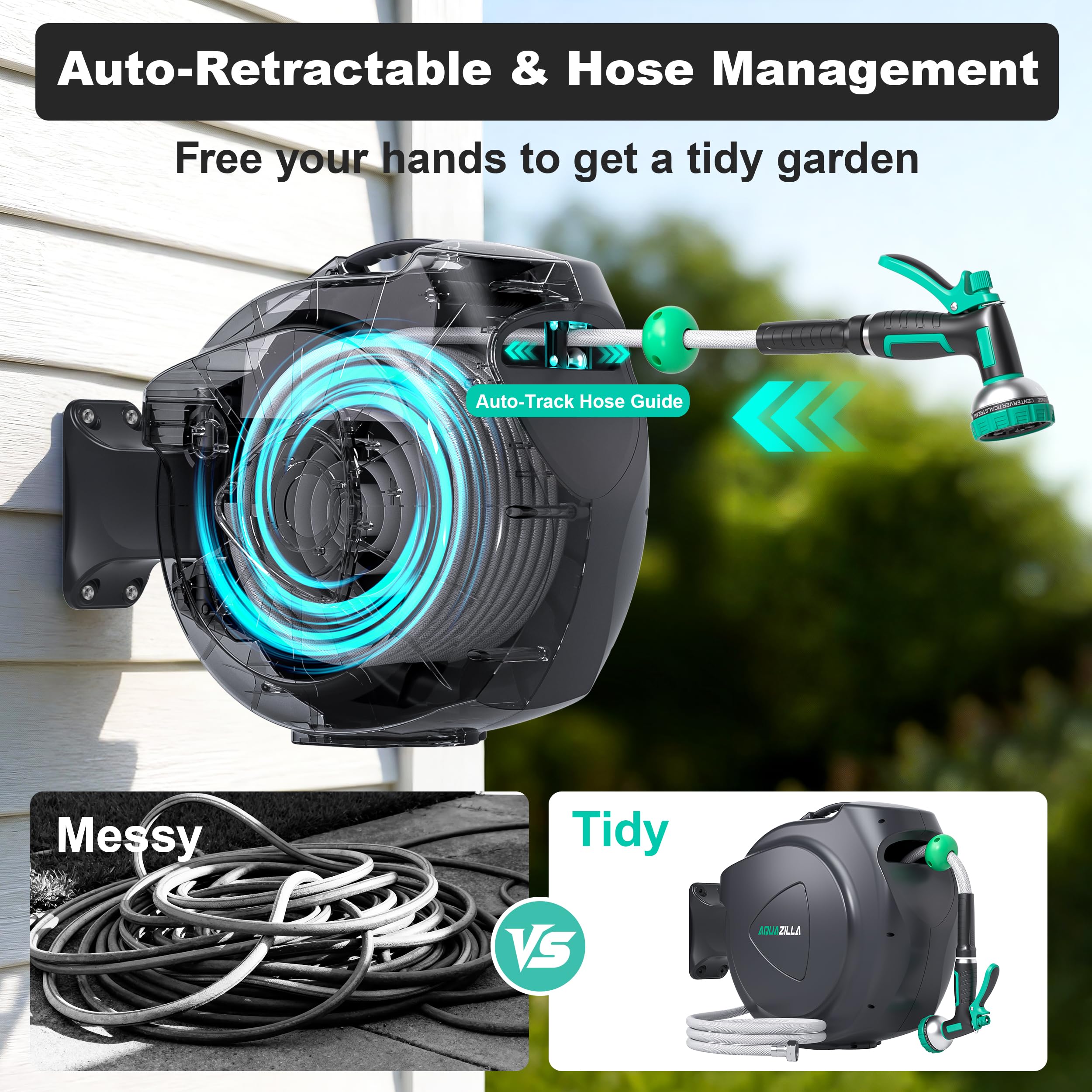 AQUAZILLA wall mount bracket and 180 degree swivel for flexible garden access.