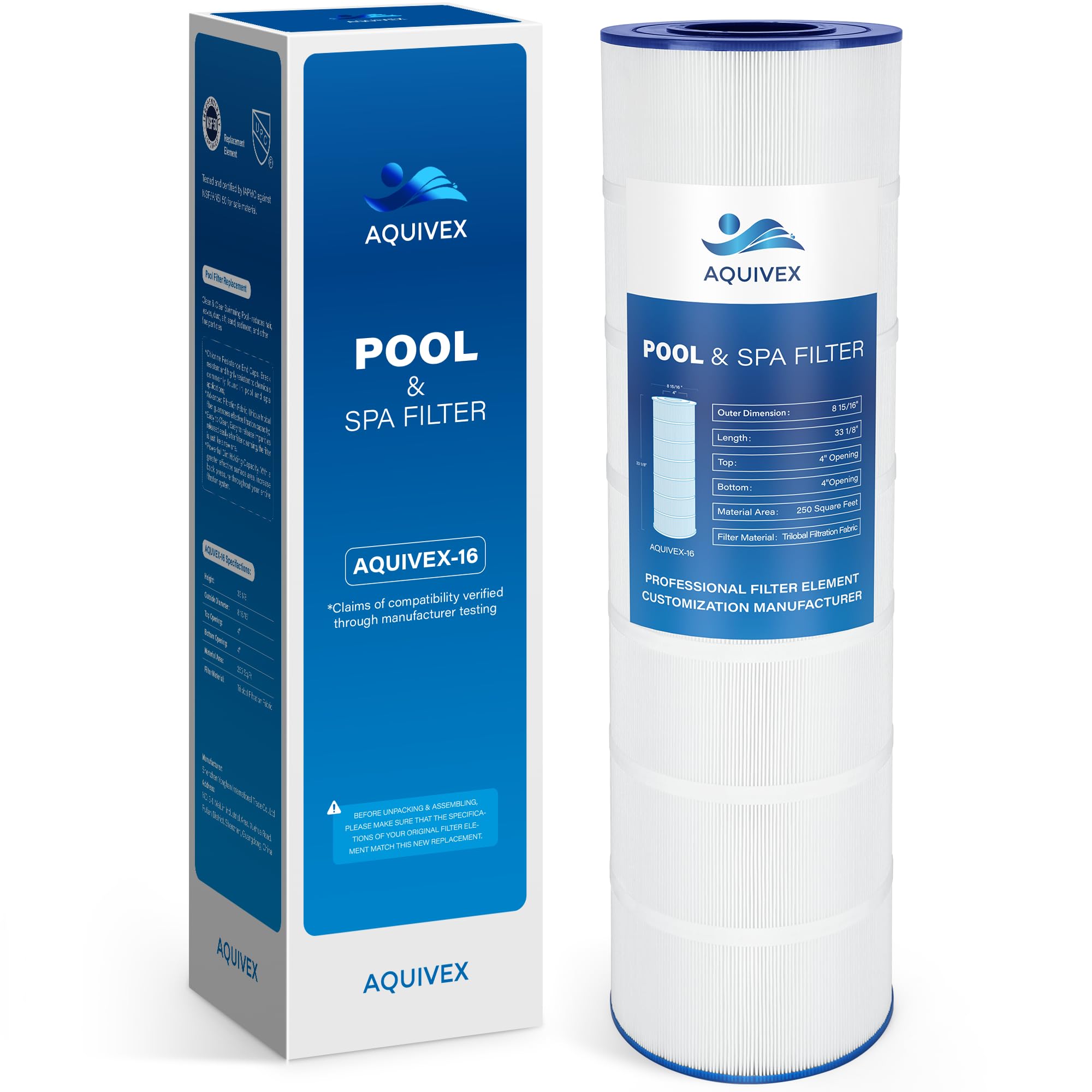 AQUIVEX CS250 front view cartridge ideal for CS250 pools with strong filtration