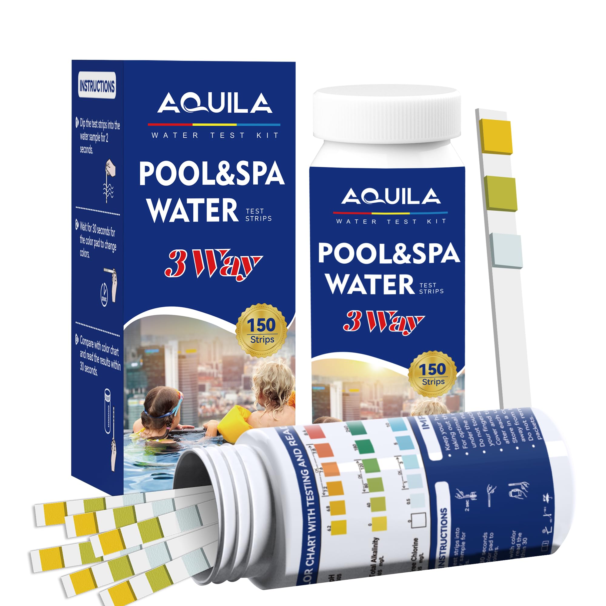 Aquila pool test strips kit 150-count with color chart for quick readings.