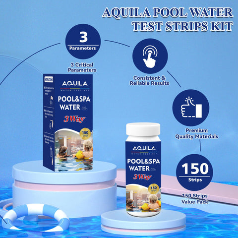 Aquila test strips color chart closeup showing precise pH and chlorine indicators.