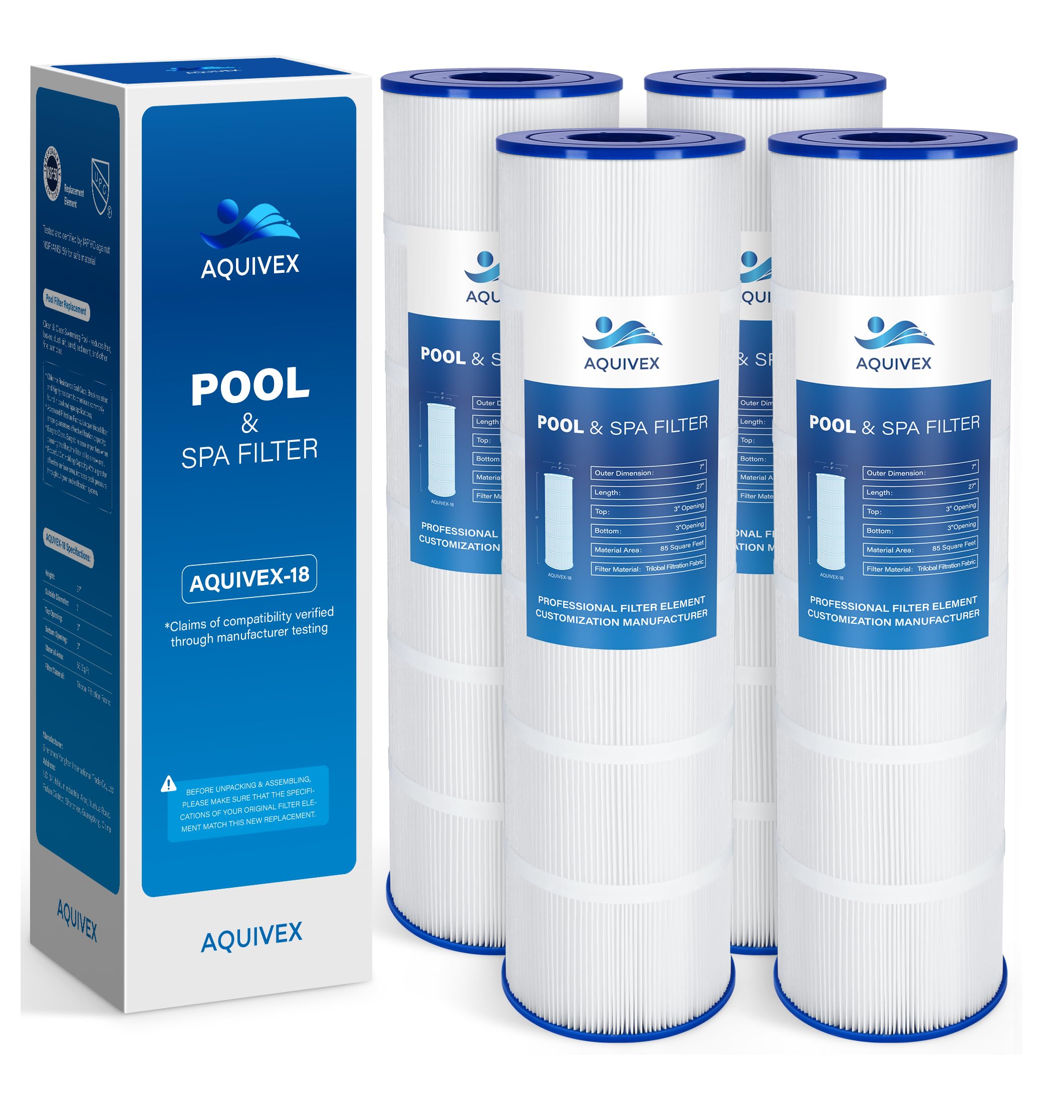 AQUIVEX CL340 cartridge showing 27-inch length for efficient pool filtration.