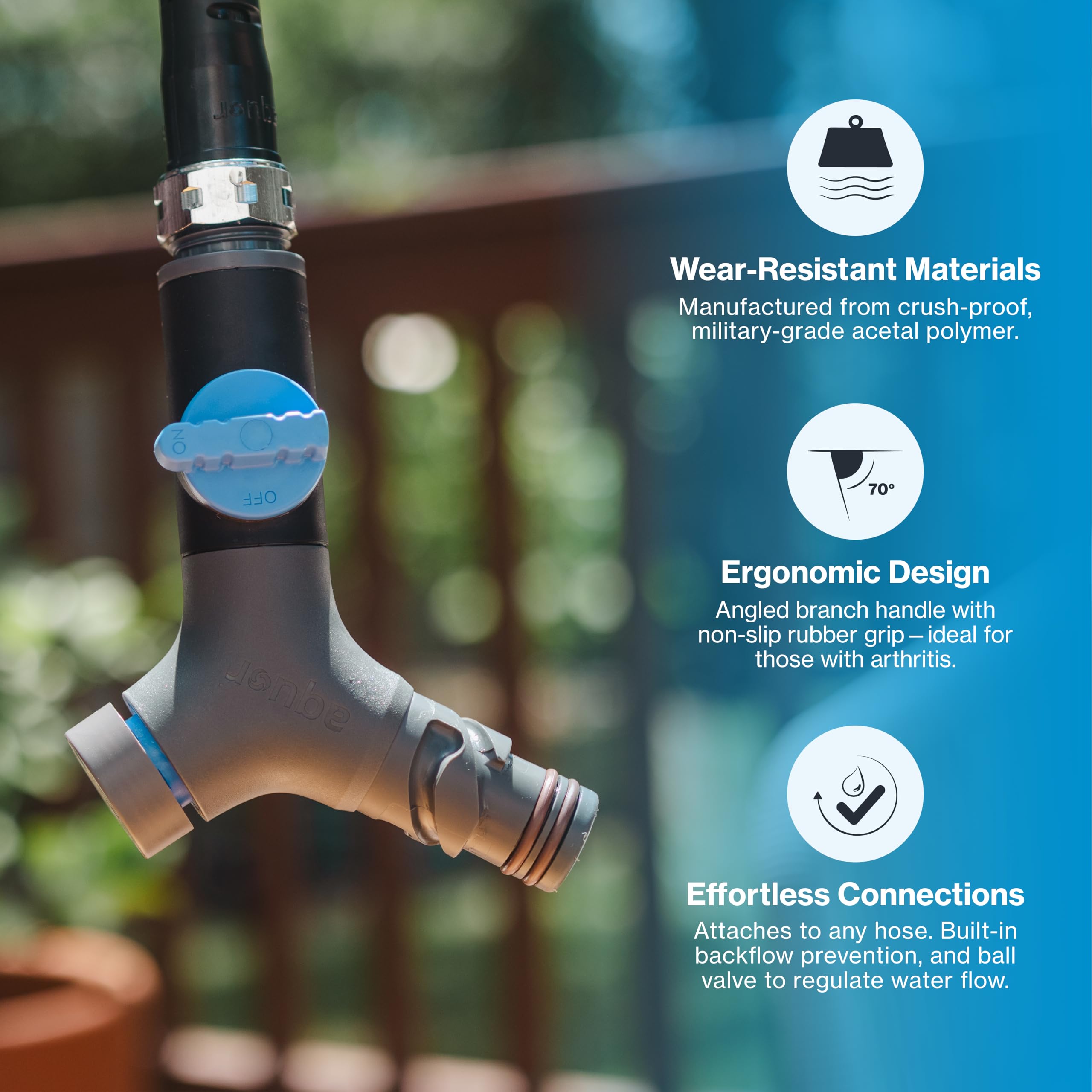 Aquor Comfort Grip VB hose connector vacuum breaker visible for backflow prevention.