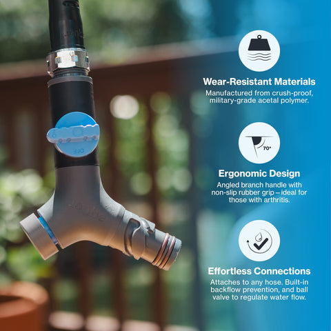 Aquor Comfort Grip VB hose connector vacuum breaker visible for backflow prevention.