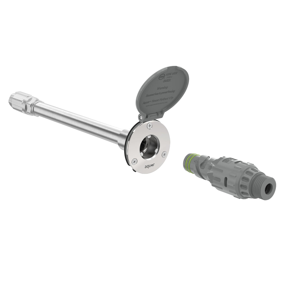 Aquor House Hydrant V1+ front view showing durable stainless steel body for outdoor use
