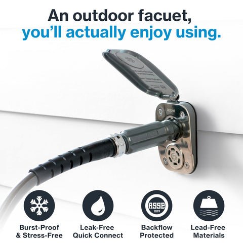 Aquor V2+ anti-siphon detail shows built-in backflow prevention for compliant installs.