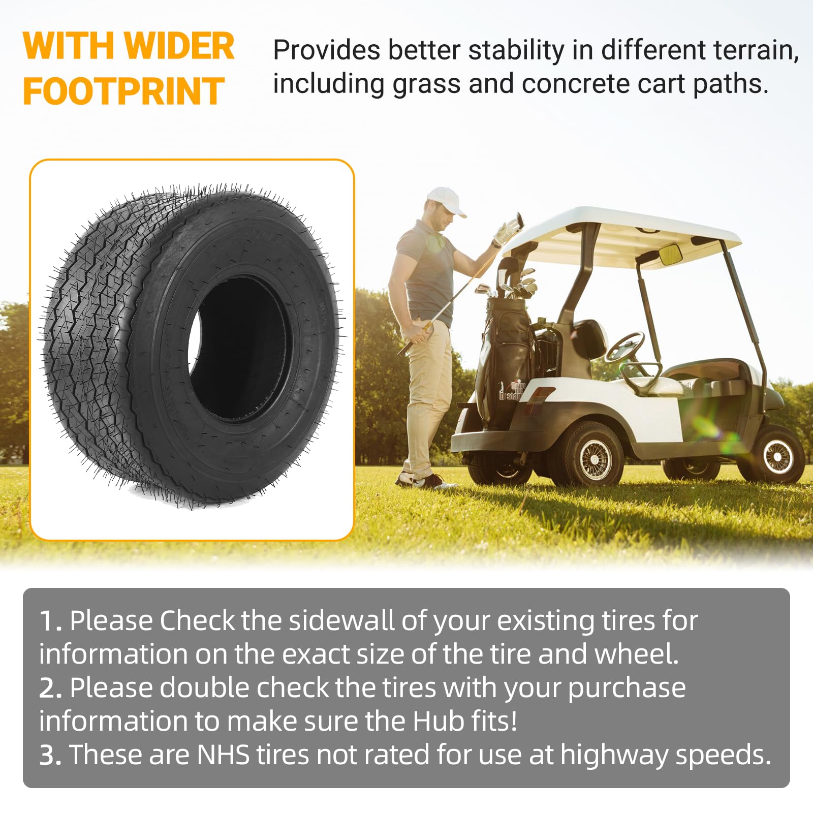 AR-PRO 18x8-50-8 compatibility with golf carts for turf-friendly stability.