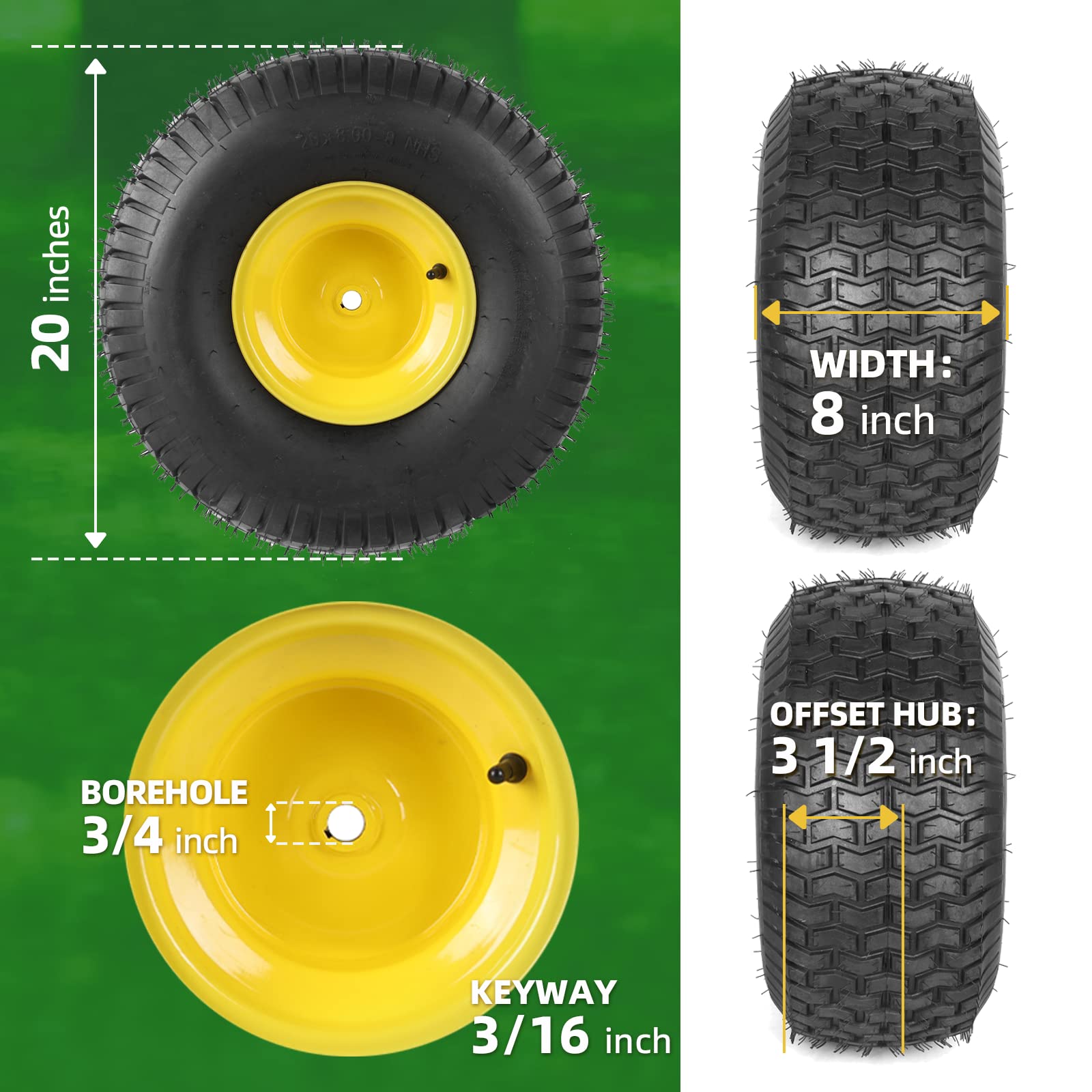 AR-PRO 20x8-8 rear tire and wheel assembly optimized for John Deere riding mowers stability