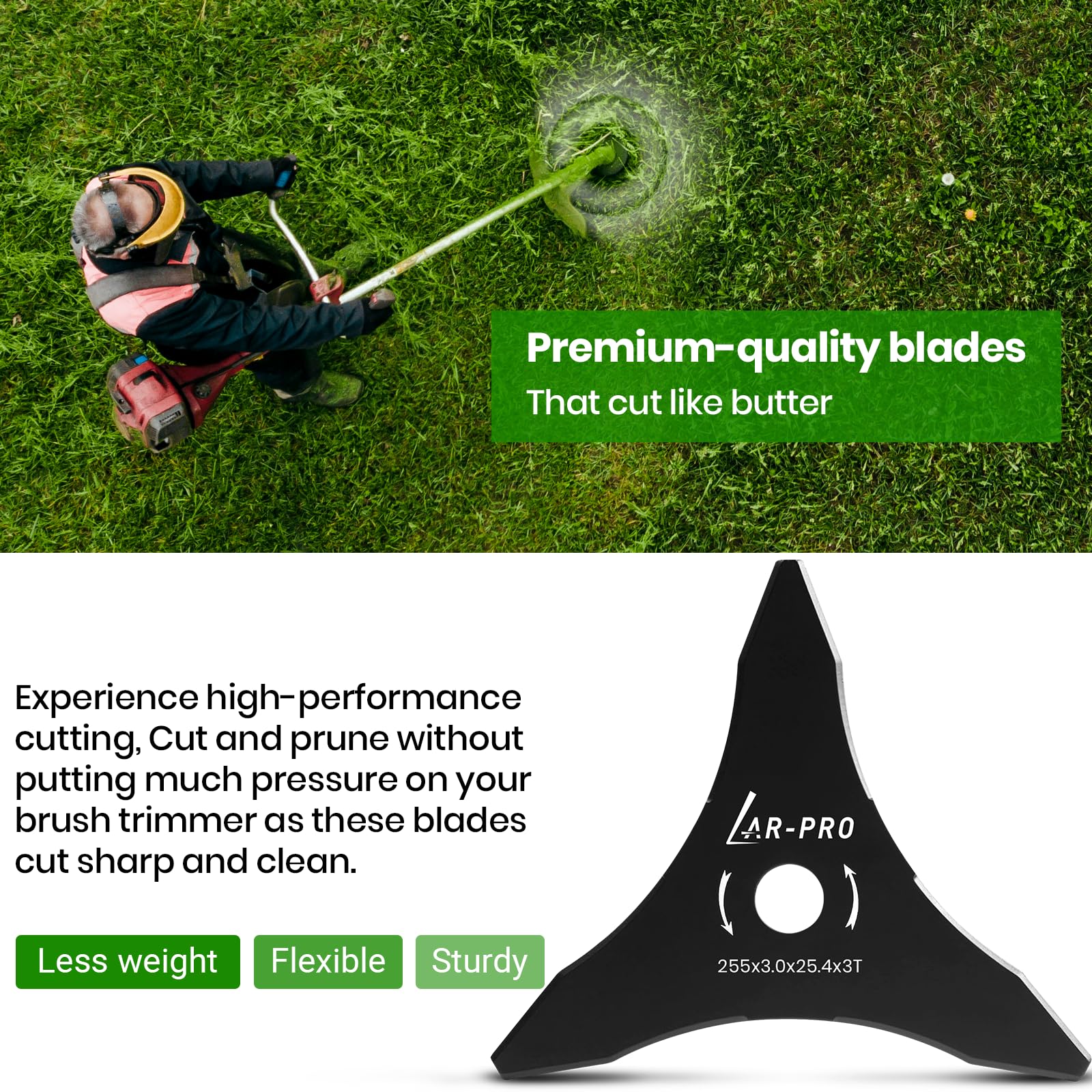 AR-PRO close-up showing blades cutting through thick weeds and brush