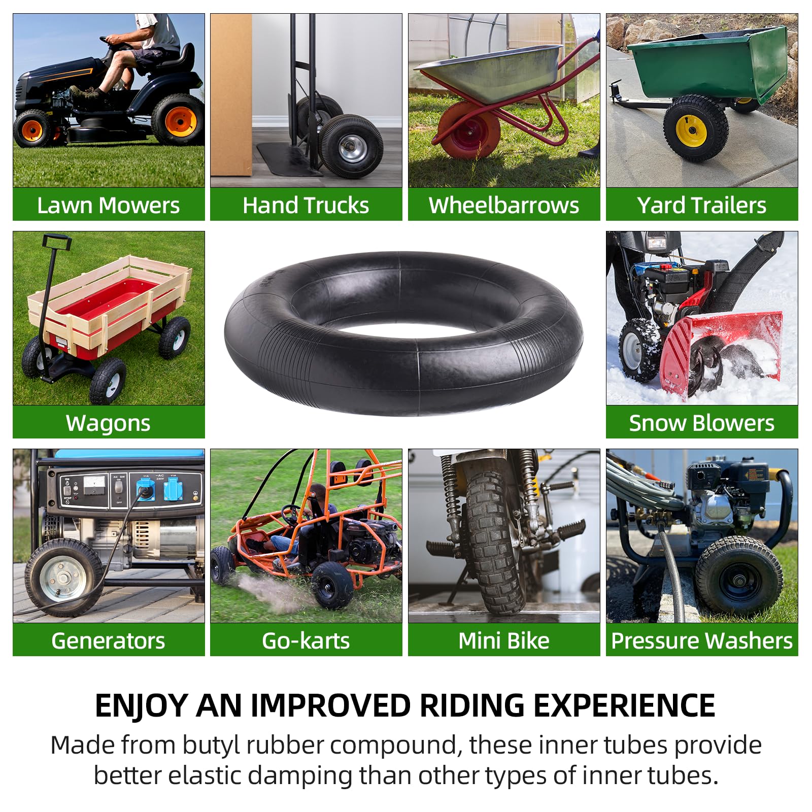 AR-PRO compatible-tire-size image demonstrates reliable garden-cart inner tube fitment.