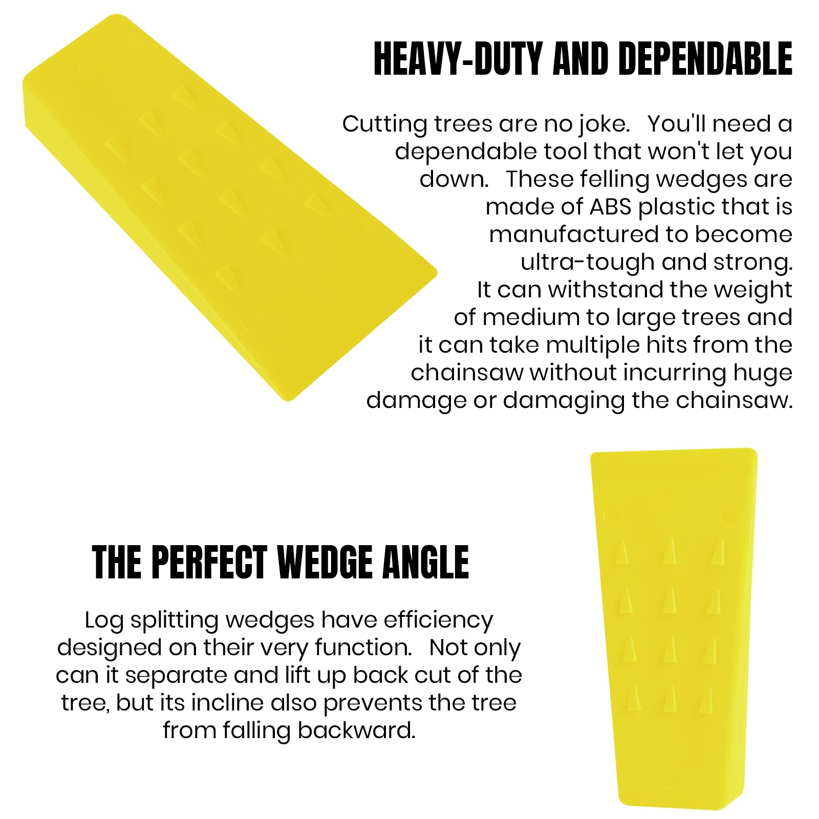AR-PRO heavy-duty ABS plastic wedges withstand mid-to-large trees and chainsaw impacts.