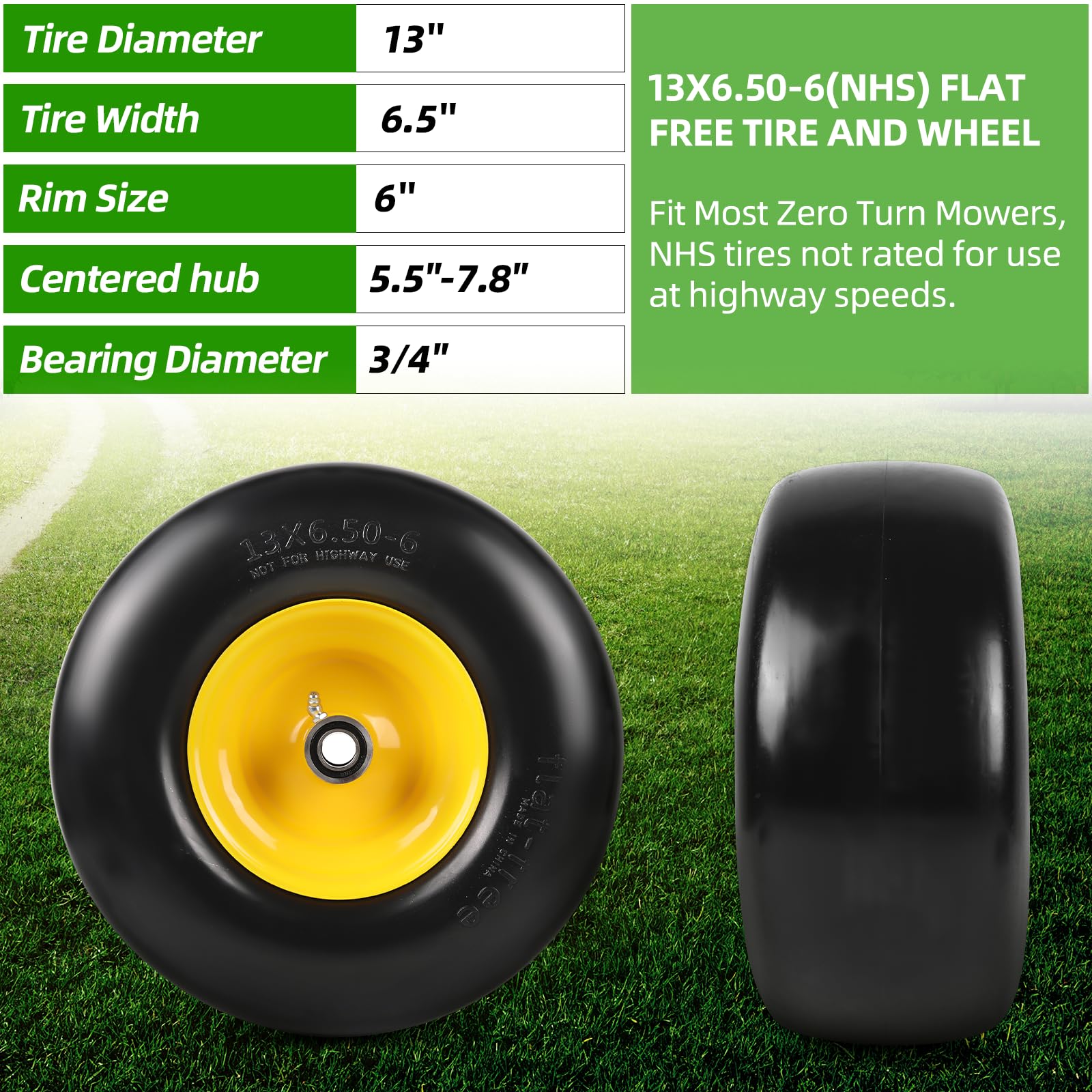 AR-PRO flat-free tire and wheel side view showing mower compatibility