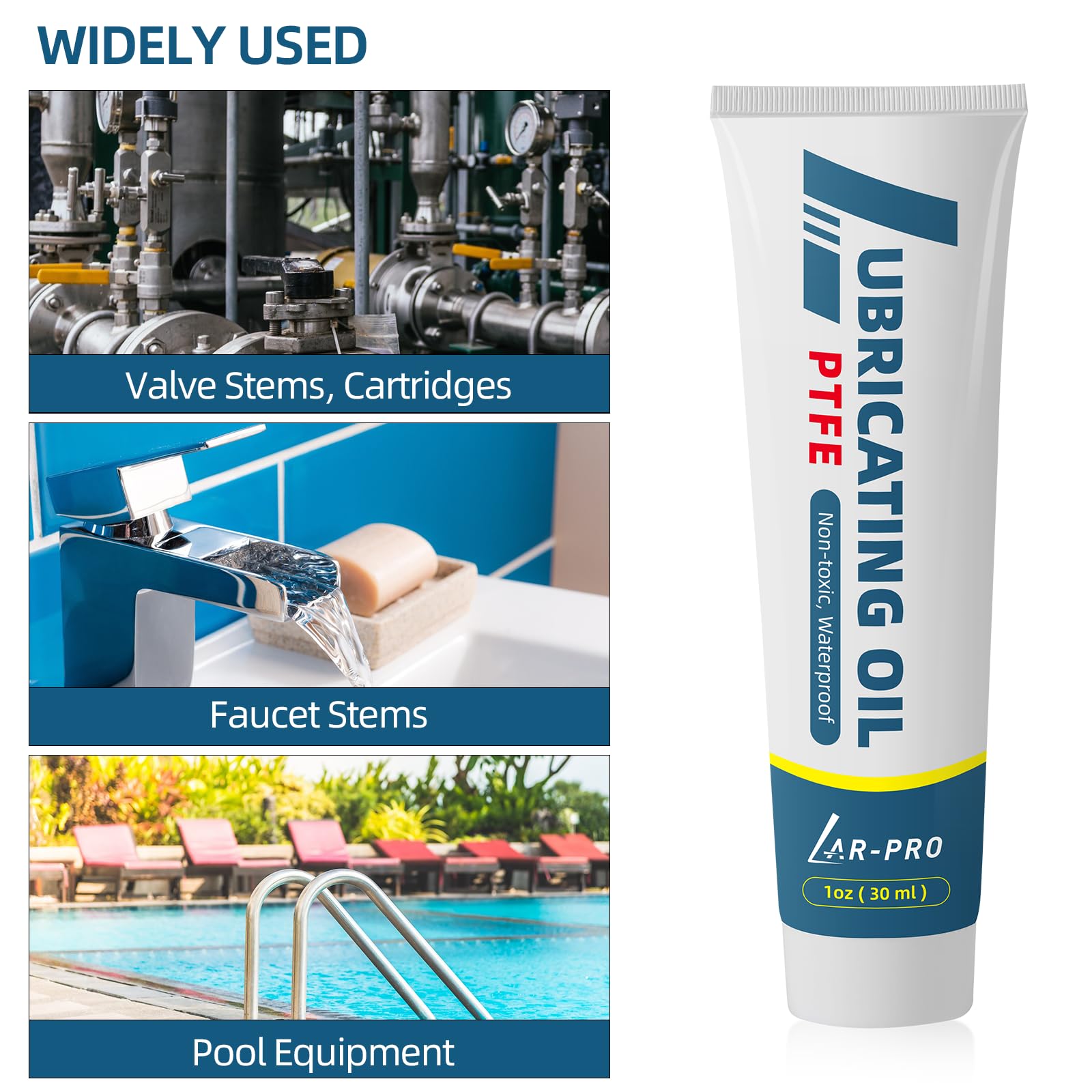 Multi-use lubricant for bearings, pumps, and gaskets across fixtures.