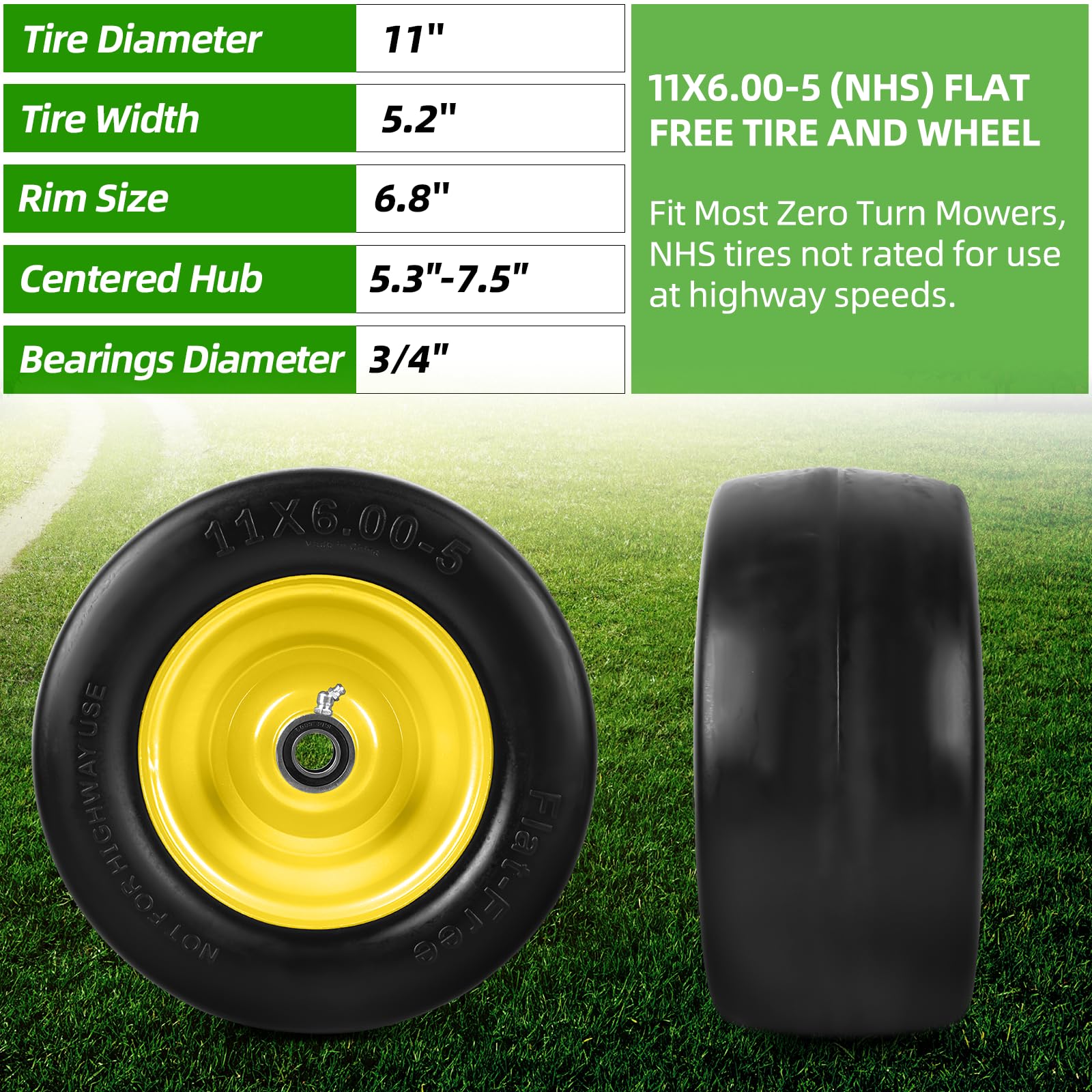 AR-PRO solid rubber flat-free tire offers puncture resistance for lawns