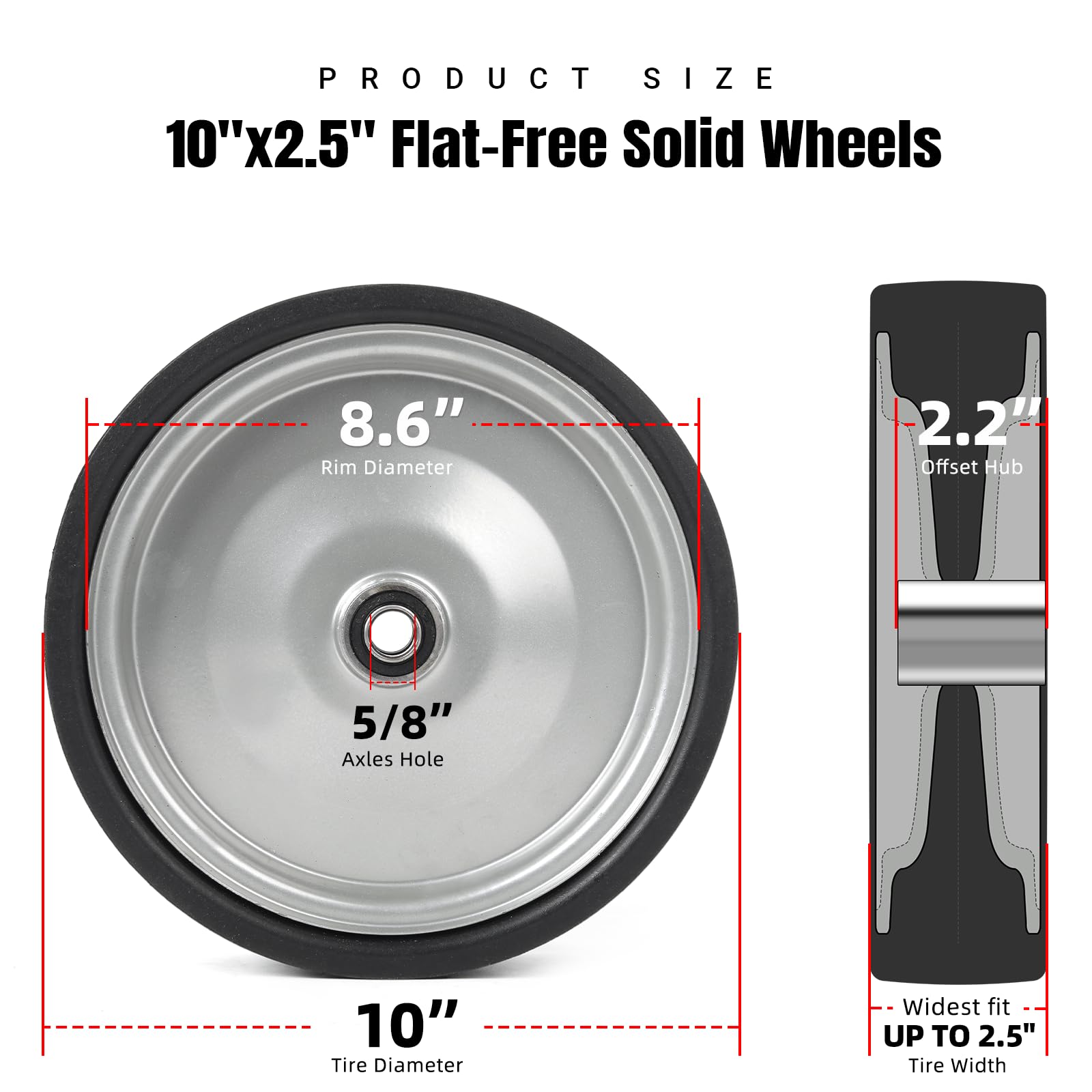 AR-PRO solid rubber tire closeup—10 inch design for flat-free performance in any weather.