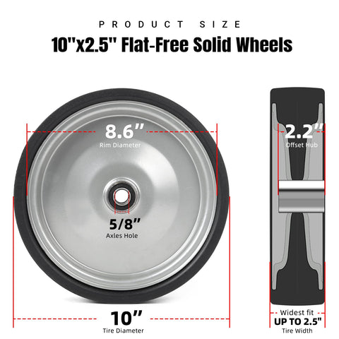 AR-PRO solid rubber tire closeup—10 inch design for flat-free performance in any weather.