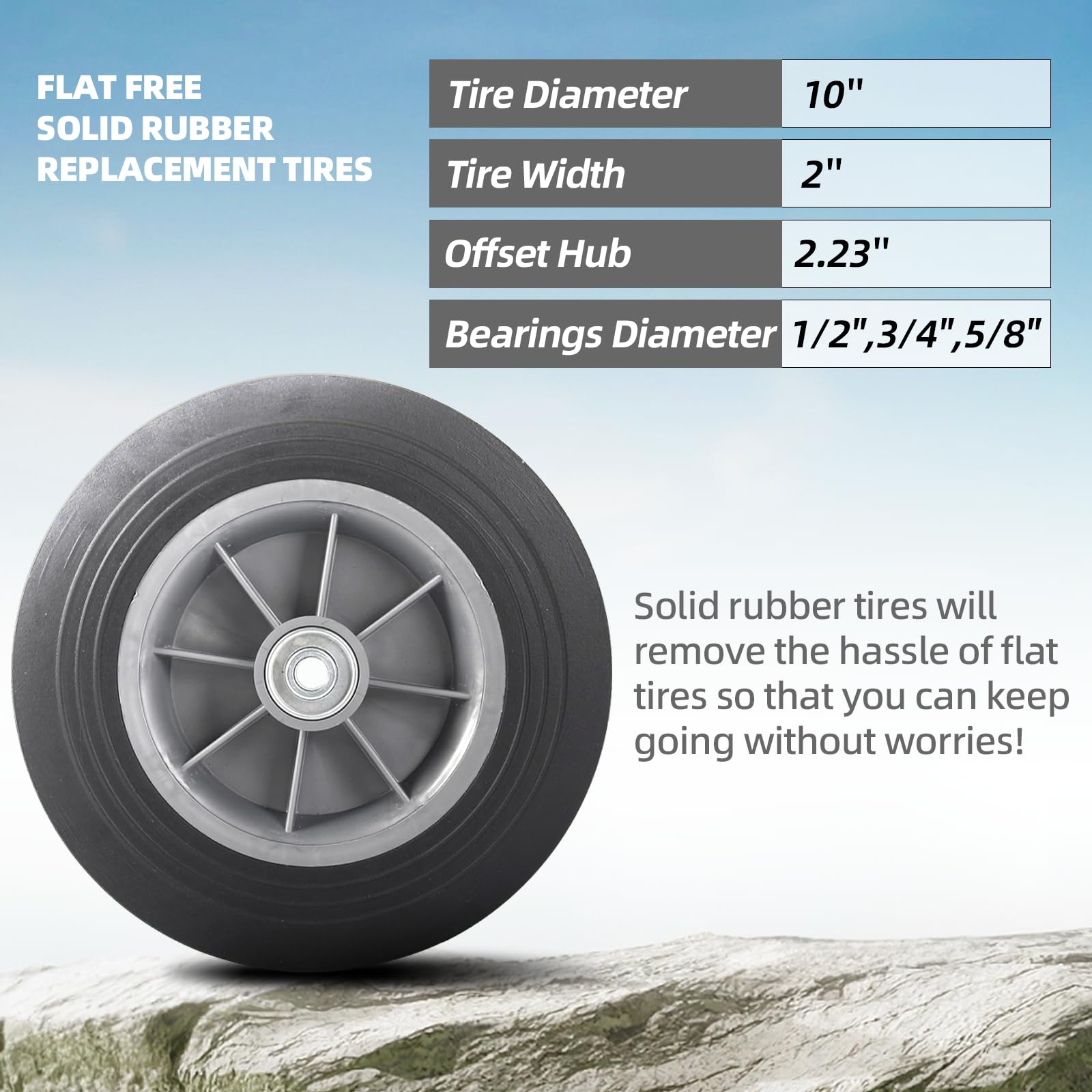 AR-PRO solid rubber wheel assembly, 10 inch, for hand trucks and wheelbarrows.