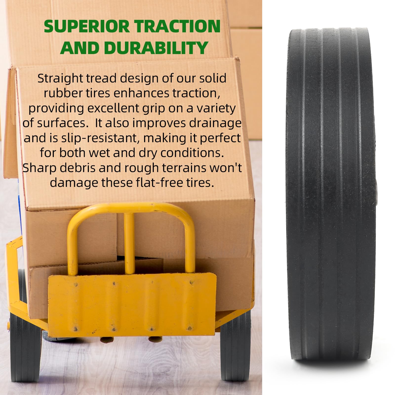 AR-PRO straight tread solid rubber tire—enhanced traction on wet and dry surfaces.