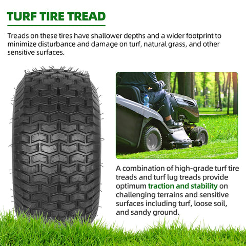 Turf lug tread design delivers traction on turf, loose soil, and sandy ground.