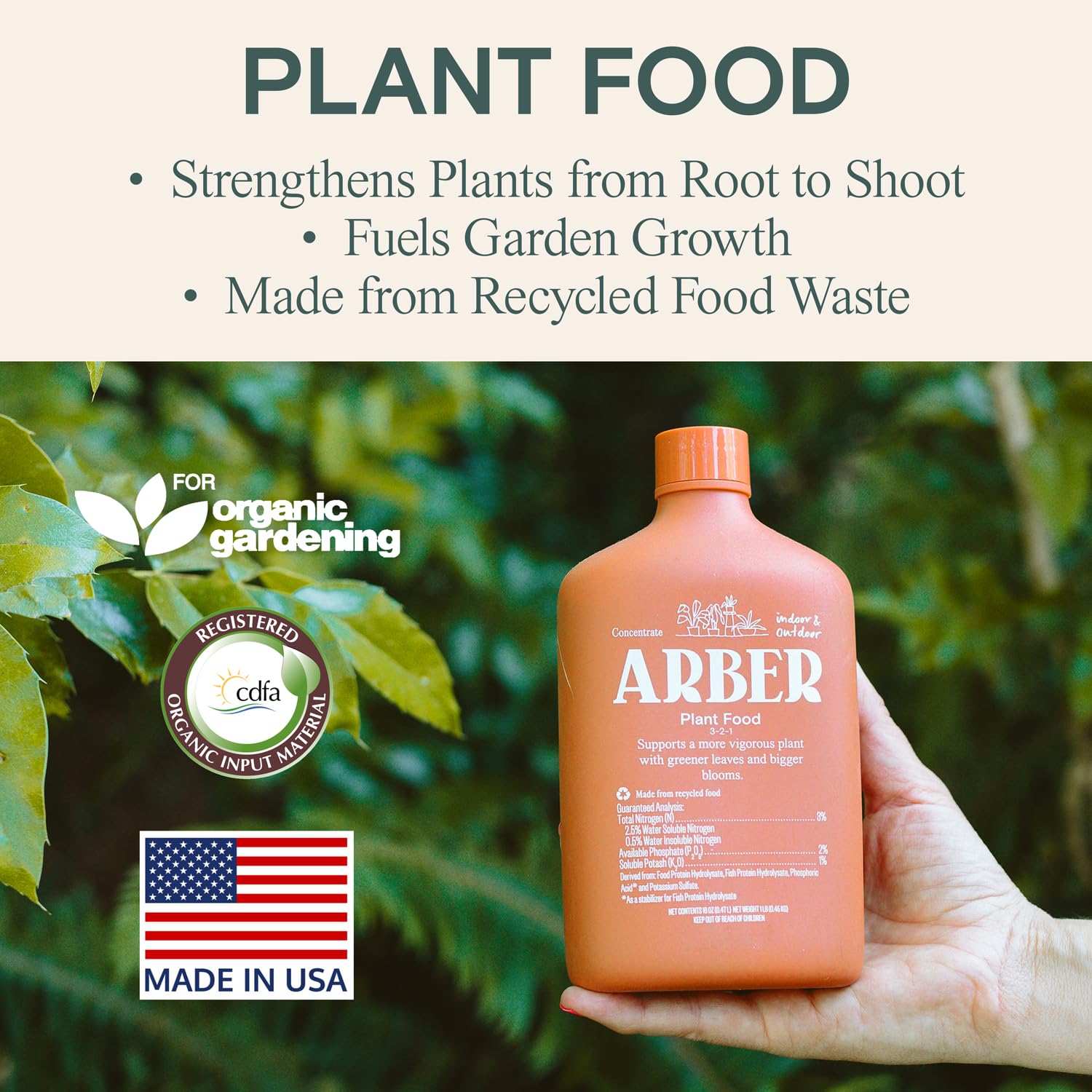 ARBER liquid fertilizer dilution in a watering can for easy garden care.