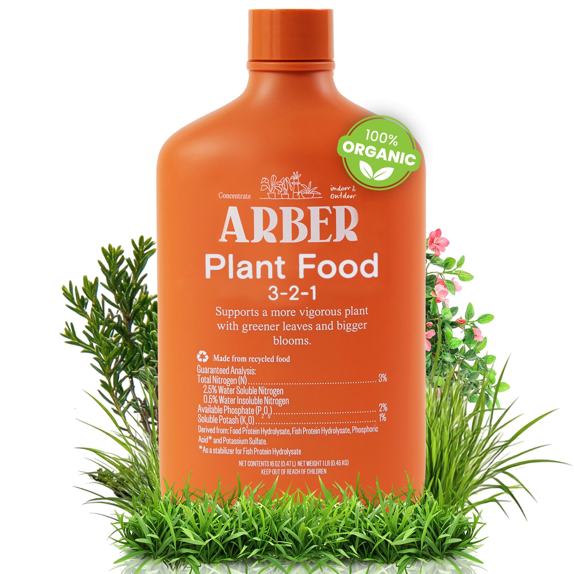 ARBER Organic Plant Food bottle concentrates fast nutrients for stronger roots.